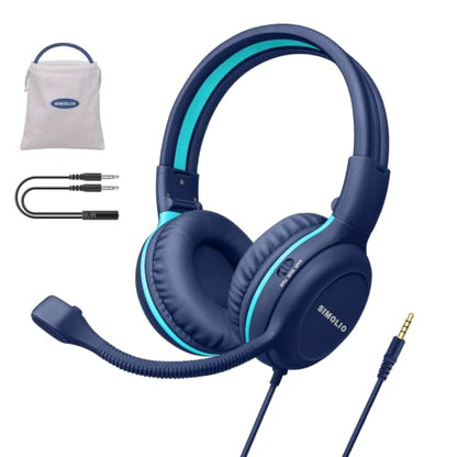 SIMOLIO Wired Headphones for School with Microphone, Stereo Kids Headphone with Flexible Swivel Boom Mic for Student K12 & Teacher & E-Learning, 3 Levels Volume Limiter Gaming Headsets for Boys, Girls - color: Blue