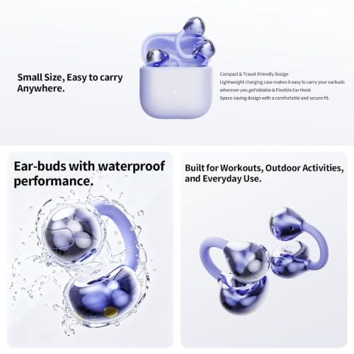 2026 Hi-Fi Sound Clip-On Open Ear Earbuds, Deep Bass,Bluetooth 6.0 - color: Purple
