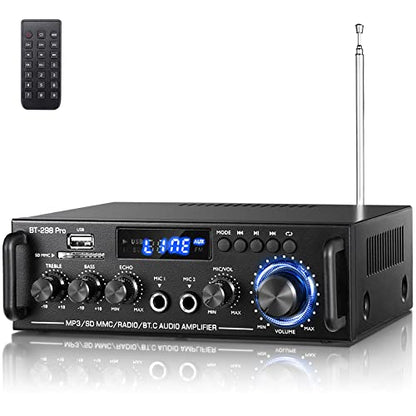 298Pro Stereo Audio Amplifier, MIC in w/Echo, Bass & Treble w/USB/RCA/FM | Max 400W Home 2 Channel Bluetooth 5.0 Wireless Power Amplifier, HiFi Sound Home Theater Audio System Home Stereo Receiver - style: MAX 400Wx2