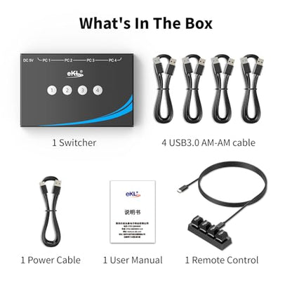eKL USB 3.0 Switch 4 Computers Sharing USB Peripherals, 4 Port USB Switcher Sharing Mouse Keyboard Scanner Printer, with 3.5mm Headset Jack Audio Out, Includes 4 USB 3.0 Cables and Remote - size: USB3.0 4 in 4 out with desktop controller