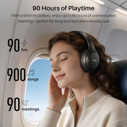 TOZO HT3 Hybrid Noise Cancelling Wireless Headphones, 90H Over Ear Headset | Hi Res Audio, AI Voice Assistant, Dual Device Connection, 32 Custom EQs, Built In 5 Mics, ANC, Foldable, Bluetooth 6.0 - color: Titanium Black