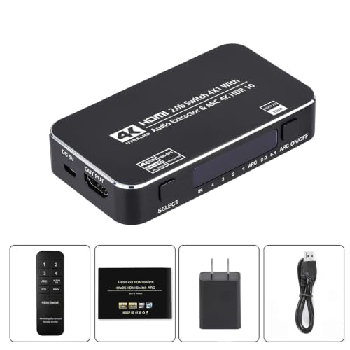 HDMI Switch 4x1 with Audio Extractor, 4K@60Hz Ultra HD HDMI Switcher with Optical TOSLINK SPDIF, 3.5mm Audio Support ARC Function, 3D, 1080P @120Hz, 4Kx2k @60Hz HDTV (IR Remote Control)