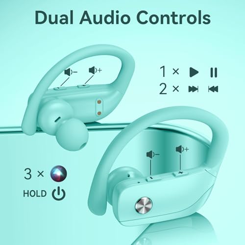 bmani Ear Buds Wireless Earbuds Bluetooth Headphones with 80H Playtime LED Display Case, Over-Ear Hook with Mic, Stereo Sound, Easy Button Controls, Sports Earphones for Running Workout Gym Mint Green - color: Mint Green, style: Standard
