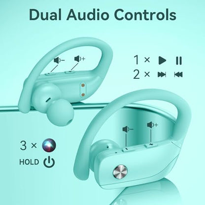 bmani Ear Buds Wireless Earbuds Bluetooth Headphones with 80H Playtime LED Display Case, Over-Ear Hook with Mic, Stereo Sound, Easy Button Controls, Sports Earphones for Running Workout Gym Mint Green - color: Mint Green, style: Standard