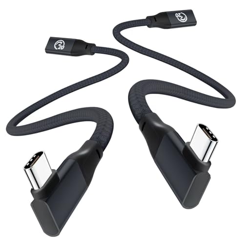 USB C Extension Cable Right Angle 1FT 2Pack, USBC 3.2 Female to Male Cable | 20Gbps Data Transfer, 4K@60Hz Video Output, 90 Degree Type C Extender for iPhone 17 16, MacBook Pro Air, Magsafe Charger - color: Black, size: 1ft+1ft