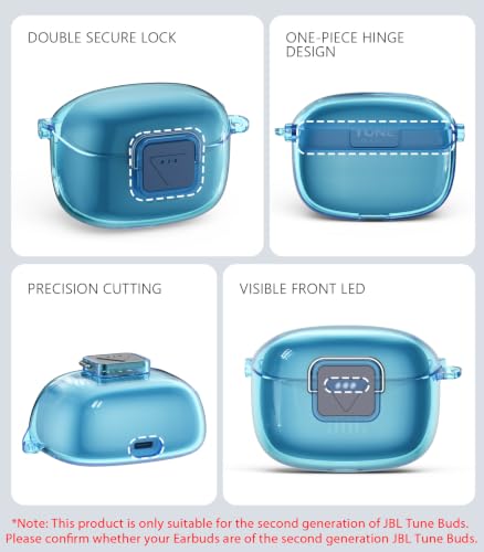 WADVCU[Upgrade Secure Lock] for JBL Tune Buds 2 Case Cover with Cleaner kit, Protective TPU Transparent Hard Shell Compatible with JBL Tune Buds 2nd Gen Earbuds Charging Case with Keychain(Clear Blue) - color: Clear Bule