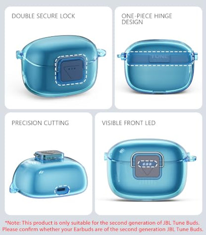 WADVCU[Upgrade Secure Lock] for JBL Tune Buds 2 Case Cover with Cleaner kit, Protective TPU Transparent Hard Shell Compatible with JBL Tune Buds 2nd Gen Earbuds Charging Case with Keychain(Clear Blue) - color: Clear Bule