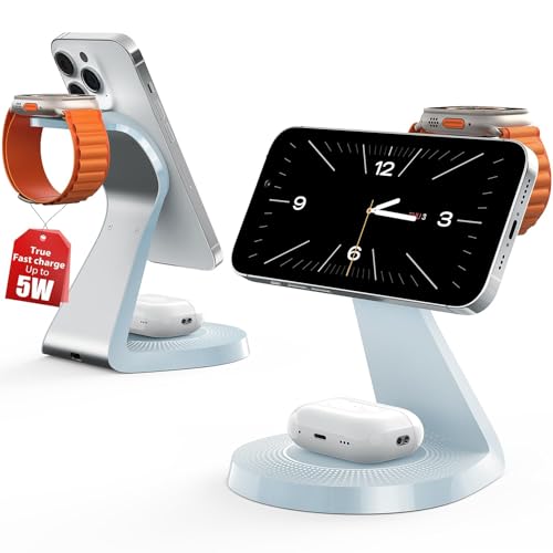 3 in 1 Charging Station for Apple Devices,Mag-Safe Charger Stand Fast Charging,Wireless Charger for iPhone 16/15/14/13/12 Series,& AirPods,& iWatch(USB Charger Included) - color: Light Blue