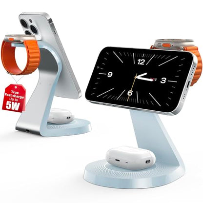 3 in 1 Charging Station for Apple Devices,Mag-Safe Charger Stand Fast Charging,Wireless Charger for iPhone 16/15/14/13/12 Series,& AirPods,& iWatch(USB Charger Included) - color: Light Blue