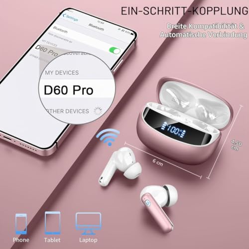 Wireless Earbuds, Bluetooth 5.4 Headphones, in-Ear Earphones with 4 ENC Mics Deep Bass Stereo, 40H Playtime LED Display Mini Charging Case Ear Buds, IP7 Waterproof Wireless Headphones for Android iOS - color: Pink Gold