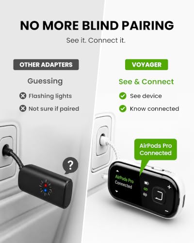 Avantree Voyager Airplane Bluetooth Adapter with OLED Display | Easy Pairing for AirPods, Bose & Bluetooth Headphones, aptX Adaptive & Auracast Audio Transmitter for Flights & Travel - color: Black
