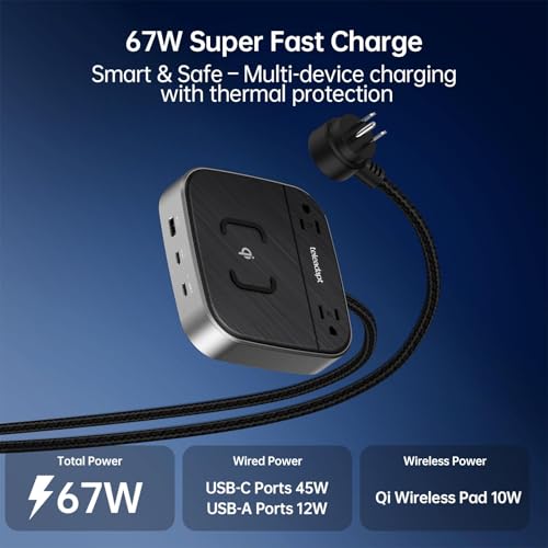 Charging Station 67W, 6 in1 iPhone Charging Station with USB Port | Wireless Charging, 2× AC Outlets, Desktop/Bedside/Nightstand GaN Multi Power Station for iPhone, Galaxy, Hotel-Grade, Grey - color: Grey