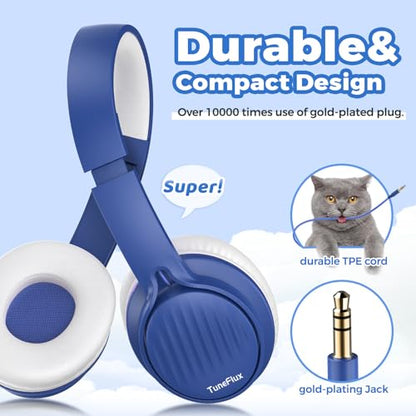TuneFlux Upgraded Kids Headphones, Wired Toddler Headphones, 85dB Limited Volume On Ear Headphones, Portable Foldable Design, Stereo Sound Kids Headsets for School/Tablet/Travel (Sapphire Blue) - color: Sapphire Blue