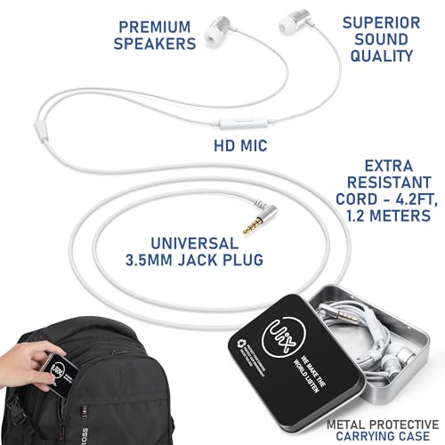 UliX Rider Wired Earbuds in-Ear Headphones, 5 Years Warranty, Earphones with Microphone, with Anti-Tangle Cable, Ear Buds for iPhone, iPad, Samsung, School Students, Kids, Women, Small Ears - White - color: White, style: 3.5 mm
