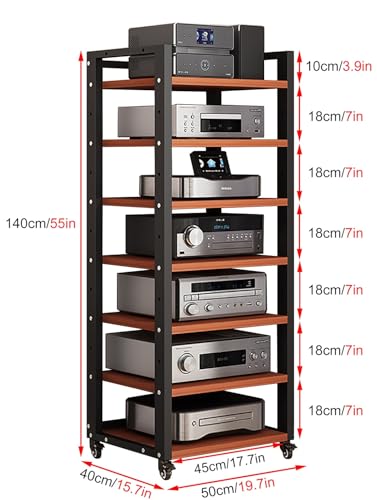 7 Tier Av Media Stand With Wheels, 55in Adjustable Audio Rack - color: Black + Teak