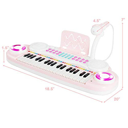 Costzon 37 Keys Electronic Keyboard Piano for Kids, Portable Musical Keyboard with Rhythm Light, Microphone, Recording, Music Stand, 8 Tone Keys, 4 Percussion Instruments (Pink) - style: Pink