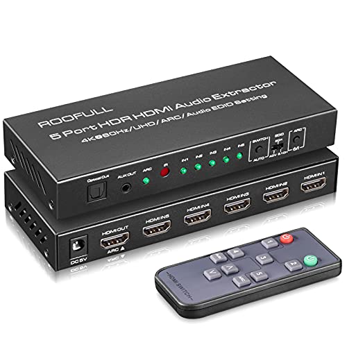 ROOFULL 5 Port 4K HDMI Switch with Audio Extractor & IR Remote | 5 In 1 Out 4K@60Hz HDMI 2.0 Switcher with Optical/AUX Audio Out, Dolby Vision/Atmos, Auto-Switching, HDCP 2.2, HDR 10, 18Gbps - color: Black (with Audio Extractor)