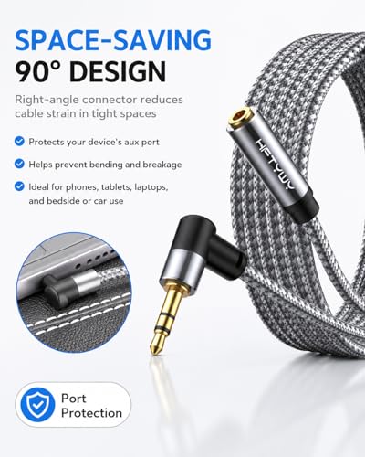 10ft 3.5mm Headphone Extension Cord Male to Female Stereo Audio Extender, 90 Degree Right Angle 1/8 Inch TRS Aux Wire for TV, PC, Smartphones, Braided Double Shielded - size: 10 ft