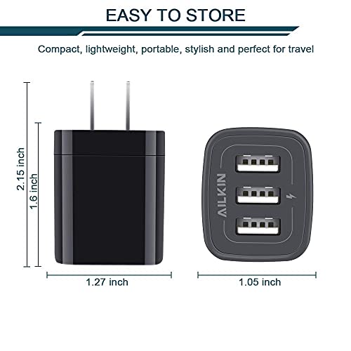 Wall Charger Plug, USB Charger Cube, AILKIN 3.1A 3-Muti Port USB Adapter | Power Plug Charging Station Box Black Base for iPhone 17 16 15 14 13 12 11 Pro Max/SE, Samsung Galaxy Phones Charge Block - color: Wall Charger Black