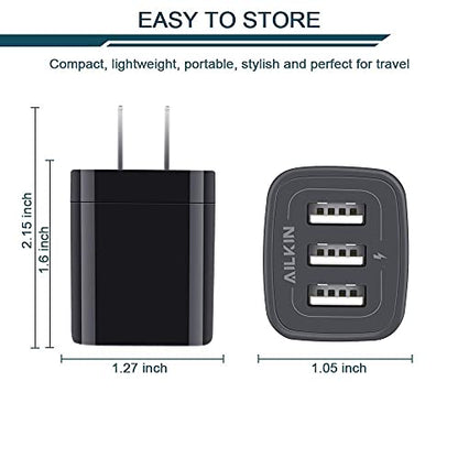 Wall Charger Plug, USB Charger Cube, AILKIN 3.1A 3-Muti Port USB Adapter | Power Plug Charging Station Box Black Base for iPhone 17 16 15 14 13 12 11 Pro Max/SE, Samsung Galaxy Phones Charge Block - color: Wall Charger Black