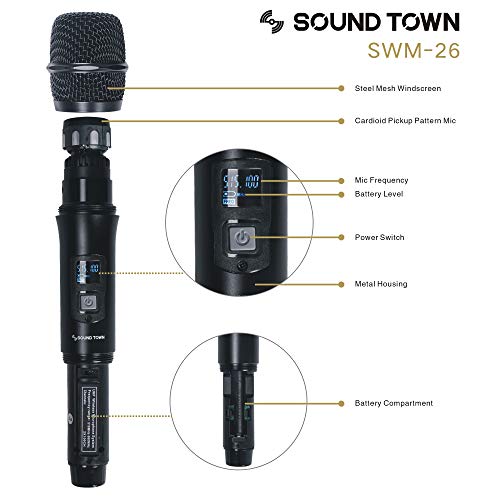 Sound Town Metal 200 Channels UHF Wireless Microphone System with 2 Handheld Microphones and Auto Scan, for Church, School, Outdoor Wedding, Meeting, Party and Karaoke (SWM26-U2HH) - color: Gloss Black
