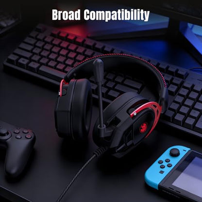 K98 Gaming Headset with Mic, Wired Over Ear Headphones for PC, PS5, PS4, Xbox One, 50mm Stereo Surround Sound, Aluminum Frame, Memory Foam Ear Cushions, Noise Cancelling Mic (Black/Red) - color: Black