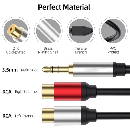 Aux to 2 RCA Cable 1ft, RCA Female to 3.5mm Male Cable Gold Plated 1/8 Jack Stereo Audio Converter Compatible with Stereo Speaker, HiFi Stereo System, Tablets, MP3