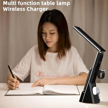 IHAO 6in1 Multifunctional Foldable LED Table Lamp with Wireless Charger Digital Alarm Clock Eye-Care Lighting 3 Color Modes 15W Qi Charger for Phone/Headphones, iWatch Charger Compatible-N61Black - color: Table Lamp N61 Black
