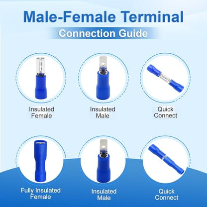 BAOMAIN 0.187" Female & Male Spade Terminals Kit 16-14 AWG 100-Pack | Blue Insulated Tin-Plated Crimp Connectors for 16-14 AWG Wiring. Kit Include 0.187" 4.8mm Female and Male Quick Terminals - size: Fully Insulated Female and Male
