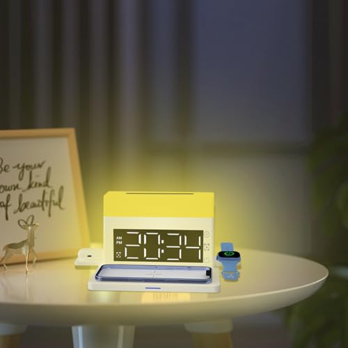 IHAO 6in1 Smart Alarm Clock with Wireless Charger RGB Mood Light 15W Fast Wireless Charging for All Qi Phone TWS Headphone Compliant with i-Watch 7 Color Night Light Large Digital Display-Black - color: Multifunctional Alarm Clock Black