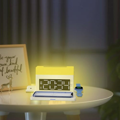 IHAO 6in1 Smart Alarm Clock with Wireless Charger RGB Mood Light 15W Fast Wireless Charging for All Qi Phone TWS Headphone Compliant with i-Watch 7 Color Night Light Large Digital Display-Black - color: Multifunctional Alarm Clock Black