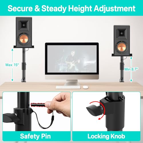 Clamp-on Desktop Speaker Stands Pair for Klipsch Bookshelf Speaker Stand - Height Adjustable Speaker Stand Desk for Klipsch R-50M, R-51M, R-41M, R-15PM and More Speakers Desk Stand Wr Cable Management