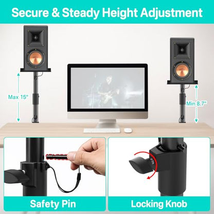Clamp-on Desktop Speaker Stands Pair for Klipsch Bookshelf Speaker Stand - Height Adjustable Speaker Stand Desk for Klipsch R-50M, R-51M, R-41M, R-15PM and More Speakers Desk Stand Wr Cable Management