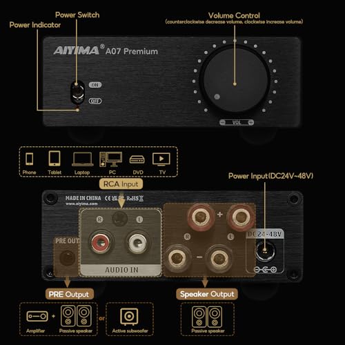 AIYIMA A07 Premium TPA3255 Power Stereo Amplifier with AUX Pre-Out 300W*2 | Swappable Op-Amp | 2 channel Desktop integrated Class D Stereo HiFi Amp For Passive Bookshelf Speaker & 2.0/2.1 Home theater