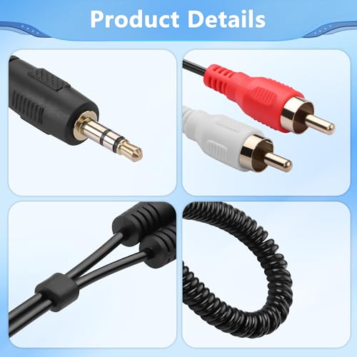 CERRXIAN 3.5mm to 2 RCA Stereo Audio Coiled Cable,1/8" TRS Male to 2 RCA Male Gold-Plated Coiled Spring Y Splitter Cable,for Connecting Amplifiers, Speakers, Etc- Up to 0.7M/2.3FT