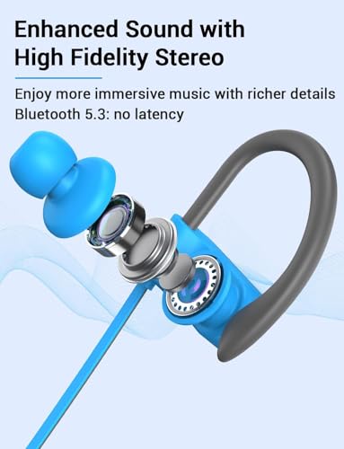 Bluetooth 5.3 Headphones, Wireless Sports In-Ear Earbuds IPX7 Waterproof | 16 Hours Playtime, Sweatproof Stereo Earphones with MIC, Noise Cancelling Headsets for Gym Running Workout, Clear Sound - color: Blue