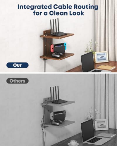 Floating TV Projector Shelf Wall Mount - 2 Tier Wooden Shelf, Walnut Brown | Home Decor, Cable Management, DVD Player, Router, Game Console, Cable Box, Play Station, Holds Up to 22lbs per Shelf - size: 2-Tier Shelf