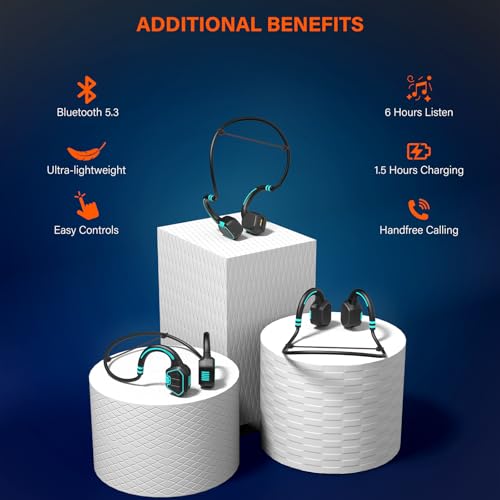Bone Conduction Headphones Swimming Headphone - IP68 Waterproof Open Ear Headphones with MP3 Play 32G Memory Inductive Wireless Bluetooth Sports Headset for Running Swimming (Blue)