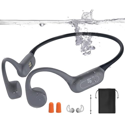 Swimming Headphones Bone Conduction Headphones Bluetooth IPX8 Waterproof | Waterproof Earbuds for Swimming ,Open Ear Earphones with MP3 Mode 32GB,8H Play Bluetooth 5.4 Ear Buds Secure Fit for Running - color: Gray