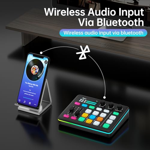 Gaming Audio Mixer, RGB Soundboard with Voice Changer & 6 Sound Pads, 48V Phantom Power, Bluetooth 5.0, USB-C Audio Interface for Live Streaming, Podcasting, Recording on PC/PS5/Phone