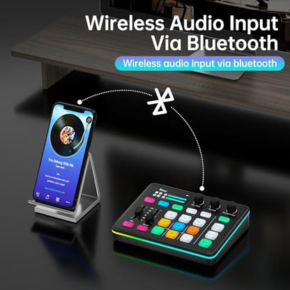 Gaming Audio Mixer, RGB Soundboard with Voice Changer & 6 Sound Pads, 48V Phantom Power, Bluetooth 5.0, USB-C Audio Interface for Live Streaming, Podcasting, Recording on PC/PS5/Phone