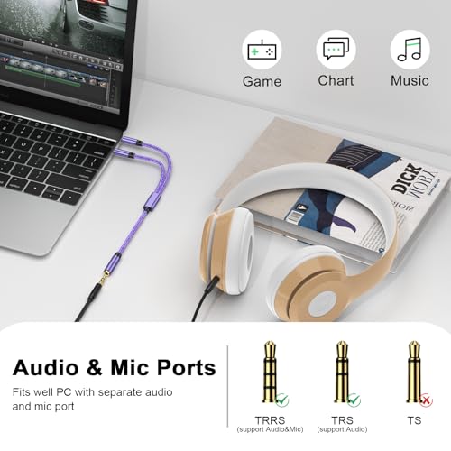 Headset Splitter for PC, Mic and Headphone Splitter Y Splitter Cable Cord | Braided 3.5mm Female to 2 Dual Male Mic Audio Y Splitter Cable Jack Headphone Audio Adapter Convertor for Smartphone Laptops