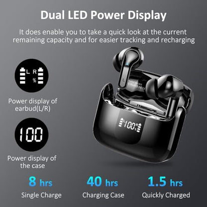 Wireless Earbuds, 2026 Bluetooth 5.4 Headphones NEW Ear Buds 40H Bass Stereo in-Ear Earphones ENC Noise Cancelling Earbuds with 4 HD Mic, USB-C LED Display IP7 Waterproof Sport Headset for Android iOS - color: Dark Black