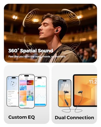 truefree HD-100 Wireless Earbuds, Bluetooth 6.0 Neckband Headphones | Magnetic Earphones, 11mm Driver Spatial Audio, Multipoint Connection, 20 Hours of Battery Life, IP67 Waterproof for Sports