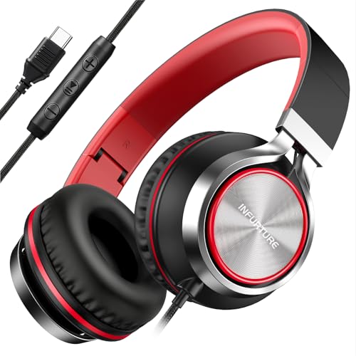 INFURTURE USB C Headphones Wired with Mic & Volume Control, Noise Isolating Over-Ear Headphones, Tangle-Free Plaiting Line, Foldable Headphone for School/Travel/iPad,Tablet,iPhone 17/16/15 - color: Red