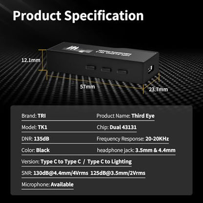YINYOO TRI TK1 USB C DAC Headphone Amp Mini Amplifier, USB C to 3.5mm 4.4mm Amp with Dual CS43131 Decoder, Headphone Splitter Portable IEM DAC for KZ ZS10 PRO in Ear Monitor (Lighting-Jack - style: Lighting-Jack