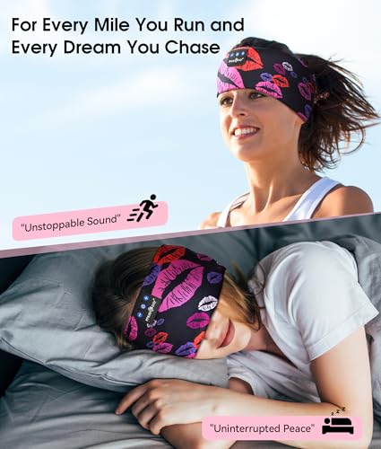 MUSICOZY Bluetooth 5.4 Sleep Headphones Headband Sports Wireless Audio | Earbuds 2 in 1 Design with Breathable Stretch Fabric, HD Stereo Sound Speakers for Workout Yoga Running, Nighttime Sleep Use - color: Rainbow Lip