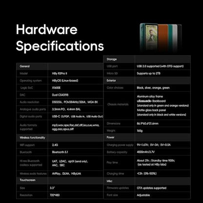 HiBy Music R3 Pro II Hi-Res Audio Player, Dual CS43198 DAC, 4×OPA1622 Amps, DSD256 MQA 8X, Bluetooth 5.1 WiFi Streaming, 3.5mm & 4.4mm Output, Touch Screen, 2TB Expansion - color: Black