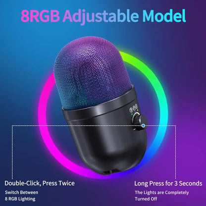 USB Gaming Condenser Microphone for PC/Desktop,192kHz/24Bit,Noise Cancellation,Monitoring,Quick Mute & RGB Lighting,USB PC Mic for Laptop,Podcast,Streaming,Recording Black