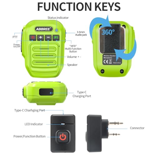 ABBREE Ham Radio Wireless Handheld Speaker Mic, 2 Pin Shoulder Microphone Compatible with Baofeng 5RM UV-5R,BF-F8HP PRO,GM21,K5PLUS,GM-15Pro,UV-5G Plus AR-152 Quansheng UV-K5 8 Walkie Talkie (Green) - color: Green
